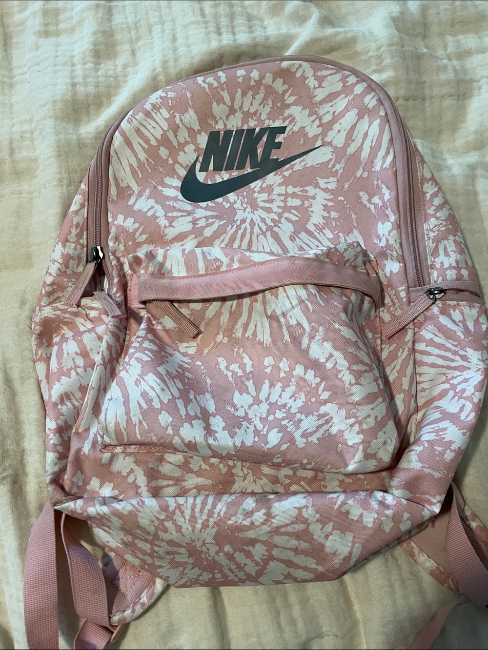 Nike Pink and White Tie-Dye Backpack with Black Logo